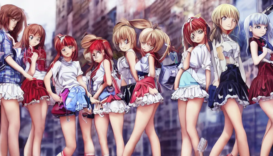 Image similar to waldo hiding amongst a group of cute anime girls in short miniskirts, lightly dressed, ultra detailed digital art, hyper real, detailed, closeup shot, ultra detailed