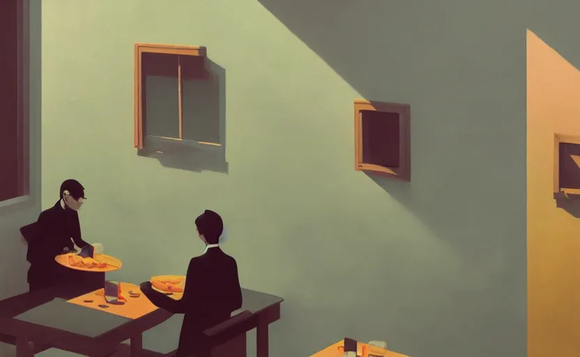 Image similar to a mysterious dinner scene illustration by atey ghailan and escher and edward hopper, japanese surreal