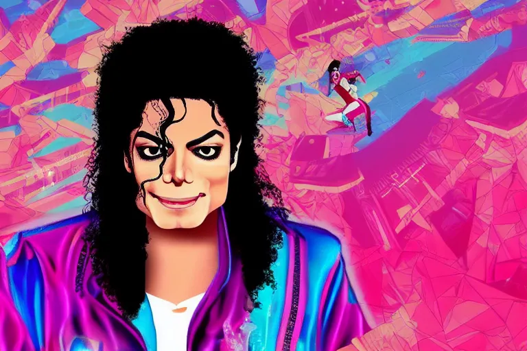 Prompt: Michael Jackson does karate moves in a aesthetic vaporwave outrun futuristic background