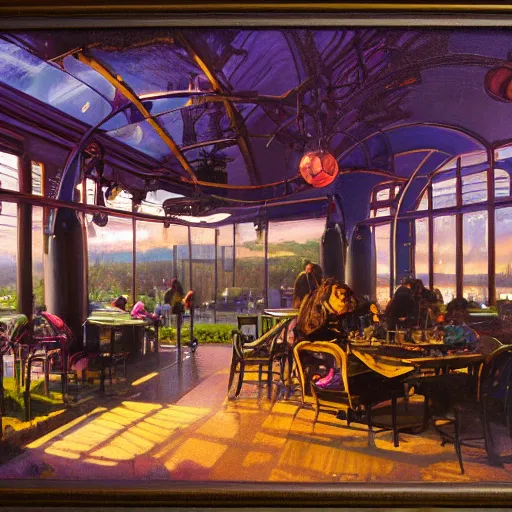 Prompt: painting of syd mead artlilery scifi organic shaped diner exterior with ornate metal work lands on a farm, fossil ornaments, volumetric lights, purple sun, andreas achenbach