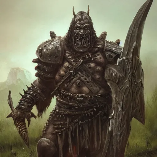 Prompt: portrait of an uruk hai - gul'dan - hybrid, savage orc warrior wearing ancient barbarian armor, mask made from animal skull and necklace made from human bones, big beast pet sitting next to him, forest temple in the background, illustration concept trending pixiv fanbox by wlop and greg rutkowski and caravaggio and rosa bonheur, and william harnett
