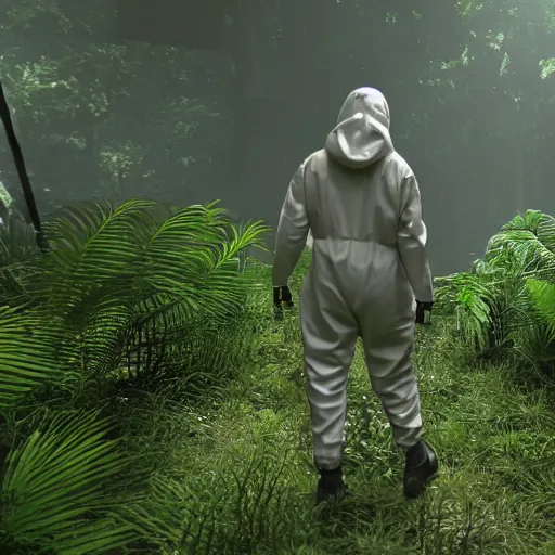 Image similar to a man wearing a hazmat suit and gasmask, walking through a lush jungle, unreal engine 5, ray traced, god rays, extremely high detail