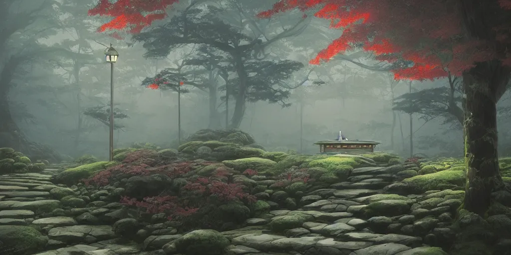 Image similar to foggy japanese shrine!!! a highly detailed cinematic oil painting by roger dean and alena aenami, dynamic lighting