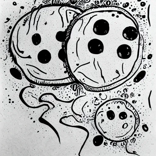 Prompt: a cartoony anthropomorphic ink drawing of a pair of amoebas called separation anxiety