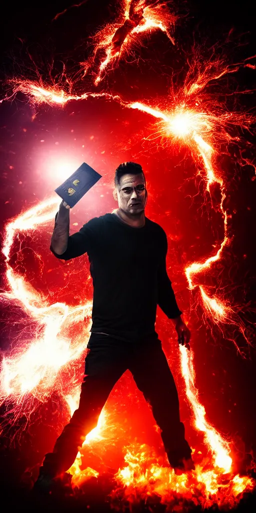 Image similar to Action movie poster with a guy holding a wallet, explosion and red rim light behind, 4K