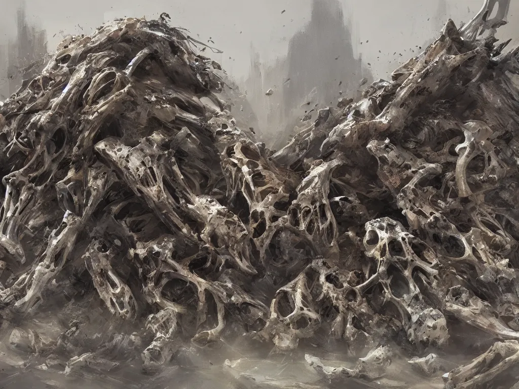 Image similar to A beautiful concept art painting of a pile of bones, most of which are cracked, collapsing, by Natasha Tan, trending on artstation, dramatic lighting