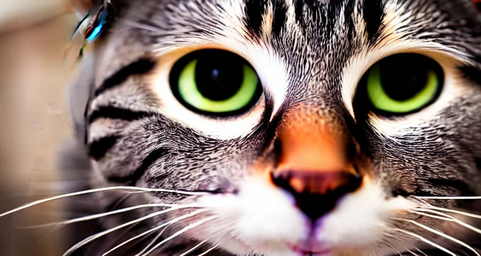 Image similar to up close fisheye lens photo of a cats face, fisheye lens