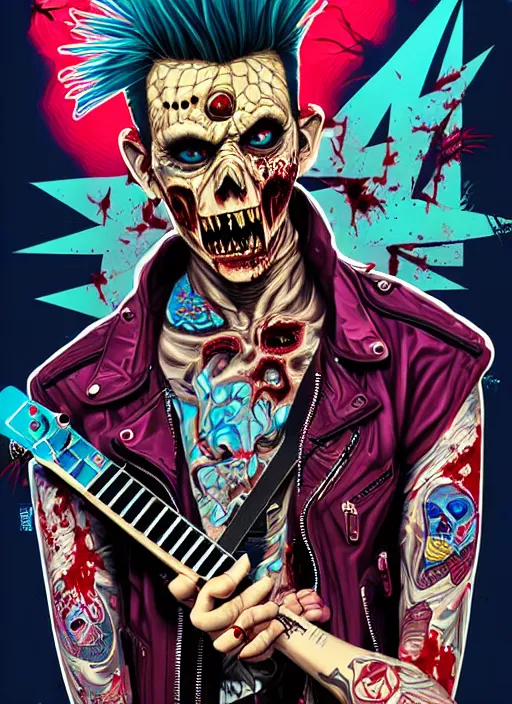 Image similar to a zombie punk rocker with a mohawk playing electric guitar, tristan eaton, victo ngai, artgerm, rhads, ross draws, cinematic by francis tneh