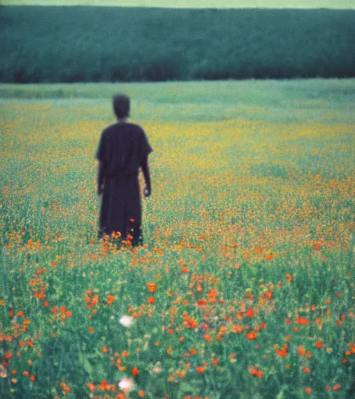 Image similar to mystical death god standing in tall meadow of flowers, distant, film photo, grainy, high detail, high resolution