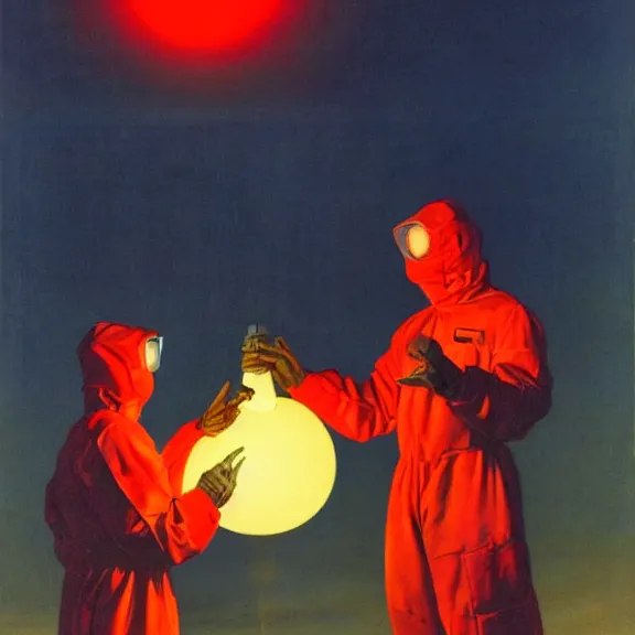 Prompt: two scientists wearing red hazmat suits staring into glowing polyhedron in the night sky by frank frazetta