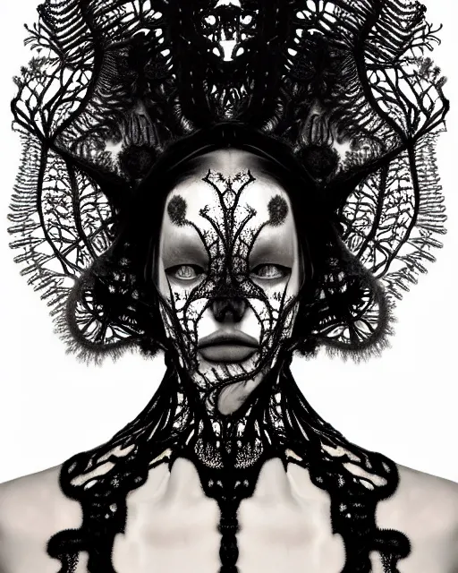 Prompt: surreal dark poetic black and white photo portrait of complex bio-mechanical beautiful young silver female vegetal-cyborg with a Mandelbrot fractal steampunk metal fine lace face, a very long neck and a fine metal floral foliage super big lace collar by Alexander McQueen:: smoke, high fashion, haute couture, rococo, steampunk, avant-garde, silver filigree details, anatomical, facial muscles, cable wires, microchip, elegant, dreamy, foggy atmosphere, hyper realistic, 150 mm lens, soft rim light, octane render, unreal engine, picture was taken in 1910 by Man Ray, volumetric lighting, dramatic light,8k,