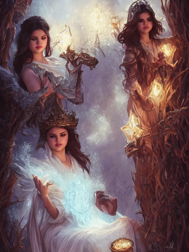 Image similar to Selena Gomez casting an frost spell, D&D, fantasy, intricate, elegant, highly detailed, digital painting, artstation, concept art, matte, sharp focus, illustration, hearthstone, art by Artgerm and Greg Rutkowski and Alphonse Mucha