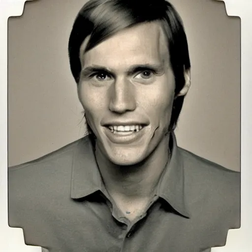 Image similar to A photograph portrait of Jerma985 with short-medium length hair a combover wearing early 1970s menswear in the early 1970s, taken in the early 1970s, grainy, taken on a 1970s Polaroid Camera, realistic, hyperrealistic, very realistic, highly detailed, very detailed, extremely detailed, detailed, digital art, trending on artstation, colorized photo