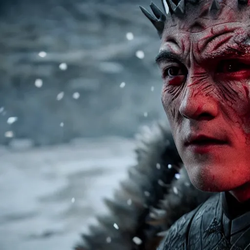 Prompt: justin sun as night king in game of thrones versus crimson bee, 4 k, epic, cinematic, focus, movie still, fantasy, extreme detail, atmospheric, dark colour, sharp focus