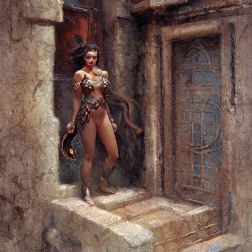 Image similar to a scrappy bronze age thief woman, looking around a corner, fantasy character portrait by gaston bussiere, craig mullins, greg rutkowski