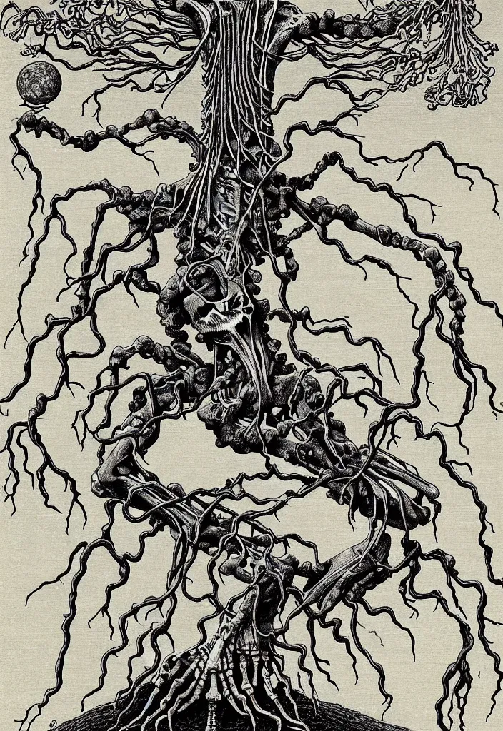 Image similar to prompt: anatomy dissection drawing skeleton Bonsai tree squid creature roots merging into big moon drawn by Takato Yamamoto, bonsai skeleton anatomy atlas, veins and organs attached to tree roots, alchemical objects inspired by 1980's sci-ci, old experimentation cabinet, intricate oil painting detail, manga 1980