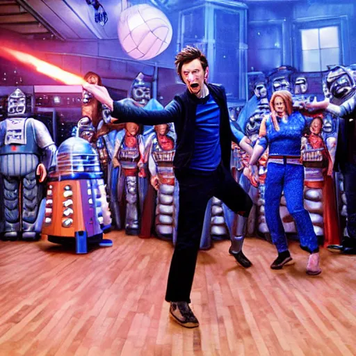 Prompt: promotional image of an action shot of David Tennant as Doctor Who at a polka dancing contest at the YMCA basketball gym, around the gym cybermen and daleks and captain jack are clapping, in the background the Tardis door is wide open, frenetic, quirky, movie still, promotional image, imax 70 mm footage, HDR, 8K, 4K, ultrarealistic, photorealistic