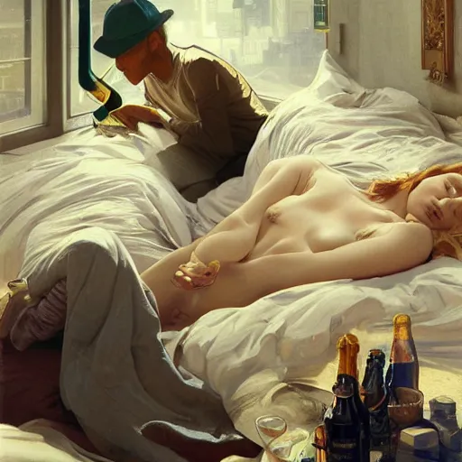 Image similar to young man in tinfoil hat and a girl sleeping in bed close to guinness bottles highly detailed, digital painting, artstation, concept art, smooth, sharp focus, illustration, art by artgerm and greg rutkowski and alphonse mucha