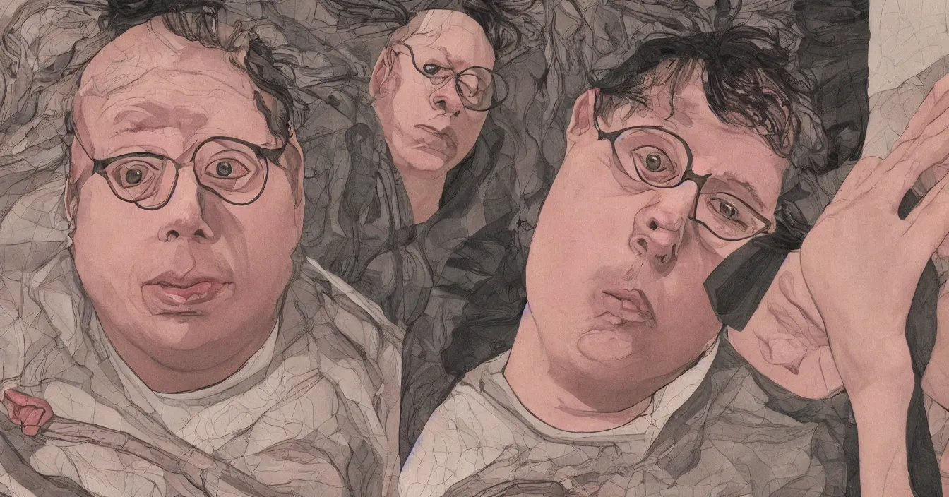 Image similar to todd solondz, high quality high detail graphic novel of todd solondz, clear sharp face of todd solondz, night, by lucian freud and gregory crewdson and francis bacon,