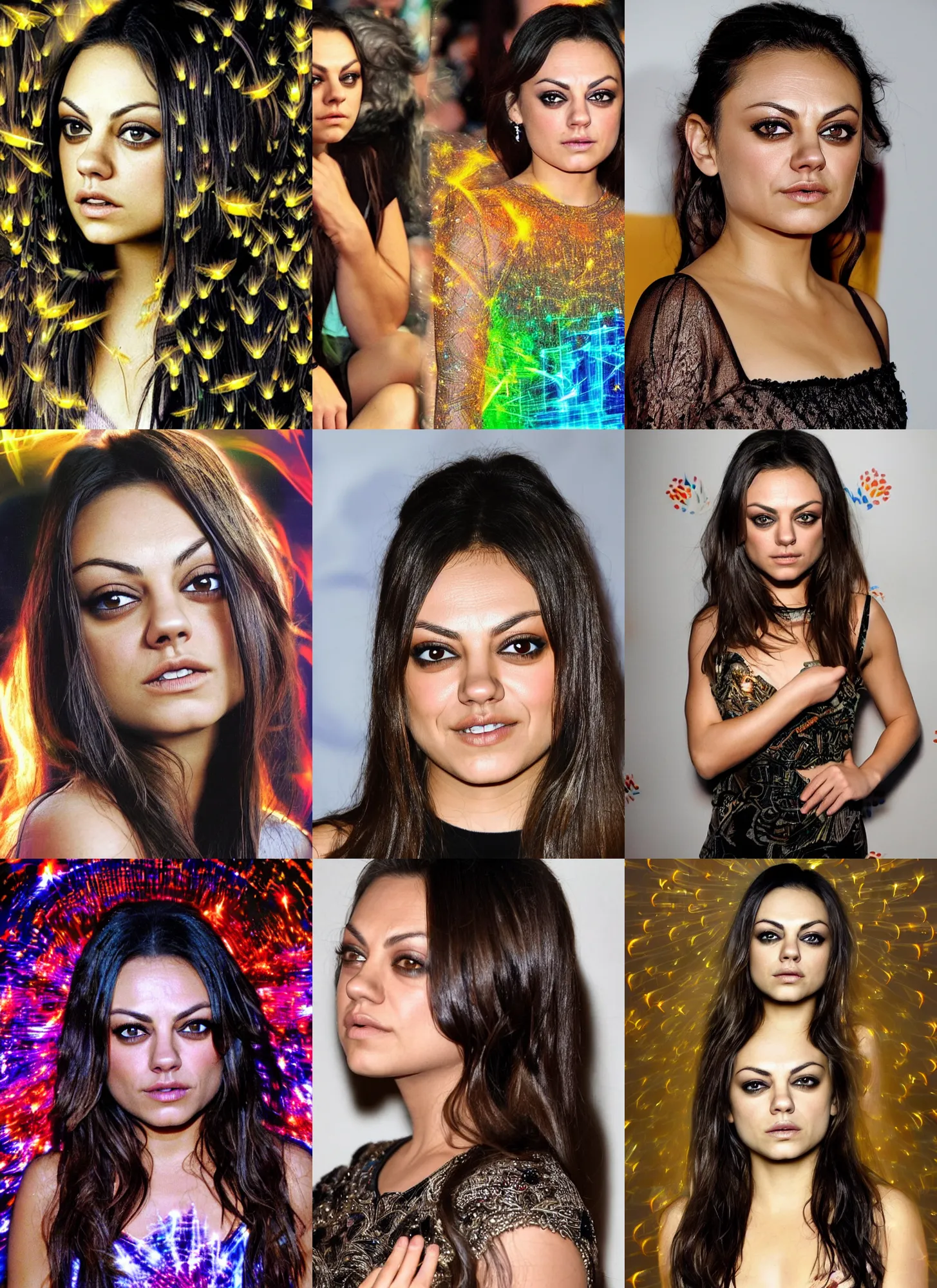 Prompt: beautiful mila kunis consisting of sun - ray light beams creating an glowing image of, fireflies, lsd, trippy, intricate