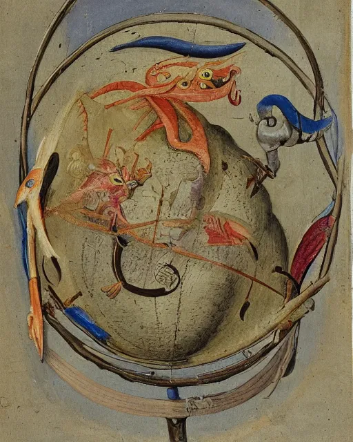 Image similar to a manuscript painting of Voltorb in the style of the Rochester Bestiary, Ashmole Bestiary