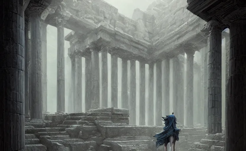 Prompt: dark ancient greek temple, soft grey and blue natural light, intricate, digital painting, artstation, concept art, smooth, sharp focus, illustration, art by greg rutkowski and luis rollo and uang guangjian and gil elvgren, symmetry!