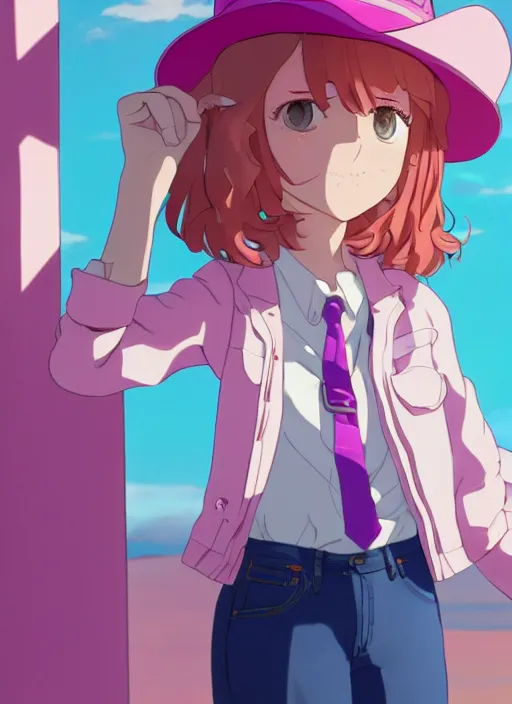 Image similar to a girl, with a wavy short pink hair and pink fedora hat, wearing a light pink jacket with a blue tie, purple gloves and blue jeans shorts. She is holding blue strings on her hand, rich vivid colors, ambient lighting, dynamic lighting, 4k, official media, anime key visual, makoto shinkai, ilya kuvshinov, lois van baarle, rossdraws, detailed, trending on artstation