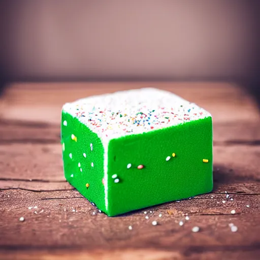 Prompt: photograph of a marshmallow cube with sprinkles and chocolate flakes on a dark wooden chopping board, light green pastel, hessian cloth, styled food photography, photorealistic, 4 k