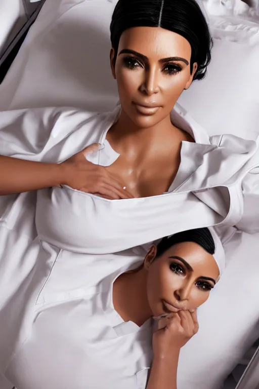 Prompt: kim kardashian, wearing a nurse outfit, laying on a hospital bed pose, real photo, hospital interior, intricate, soft lighting, cinematic composition, hyper realistic, 8k resolution, unreal engine 5