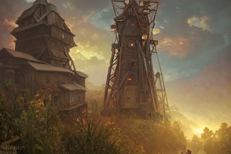 Prompt: a hyperrealistic render of an old mill, outdoor, art by Artgerm and Greg Rutkowski and Alphonse Mucha, hearthstone art style, epic fantasty card game art, Beautiful dynamic dramatic moody lighting, shadows, cinematic, Octane, 8K