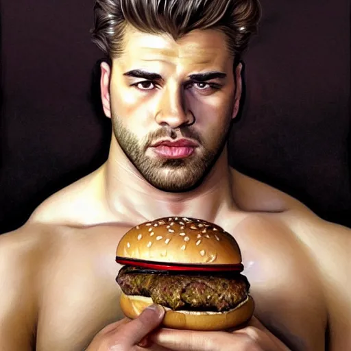 Image similar to portrait of Swol Gigachad Robert Deniro eating hamburgers, extra onions and ketchup, luscious patty with sesame seeds, feminine ethereal, handsome, D&D, fantasy, intricate, elegant, highly detailed, digital painting, artstation, concept art, matte, sharp focus, illustration, art by Artgerm and Greg Rutkowski and Alphonse Mucha