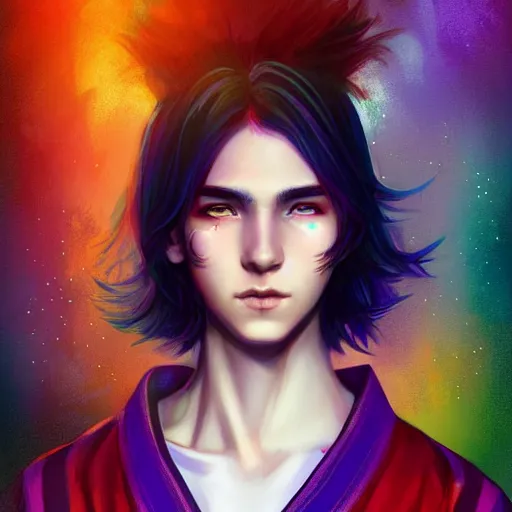 Image similar to colorful and festive captivating teenager boy with straight indigo hair, purple eyes with red eye markers, slim body, wearing a detailed japanese kimono. rich vivid colors, ambient lighting, dynamic lighting, 4 k, atmospheric lighting, painted, intricate, highly detailed by charlie bowater