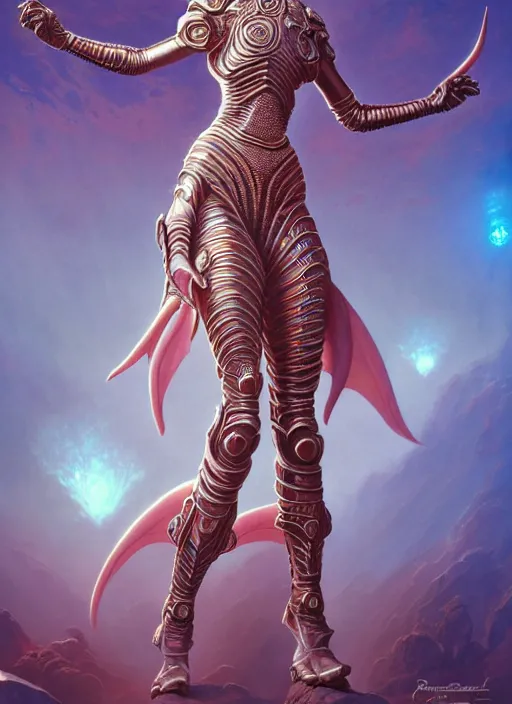 Image similar to photo of a cute alien woman wearing ornate plastic armor in the style of roger dean and alberto vargas and stefan kostic, realistic, sharp focus, 8 k high definition, insanely detailed, intricate, elegant, art by greg rutkowski and artgerm, extreme blur coral reef background
