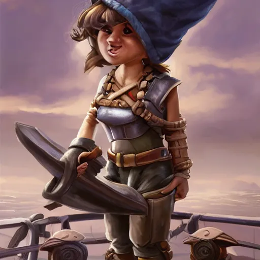 Image similar to scrappy female gnome mechanic with pixie undercut hair and one prosthetic metal gauntlet arm standing on a ship deck, naval background, fantasy, D&D, full body portrait, highly detailed, digital painting, HD, trending on ArtStation, dark fantasy, great composition, concept art, matte, sharp focus, illustration, art by artgerm and greg rutkowski