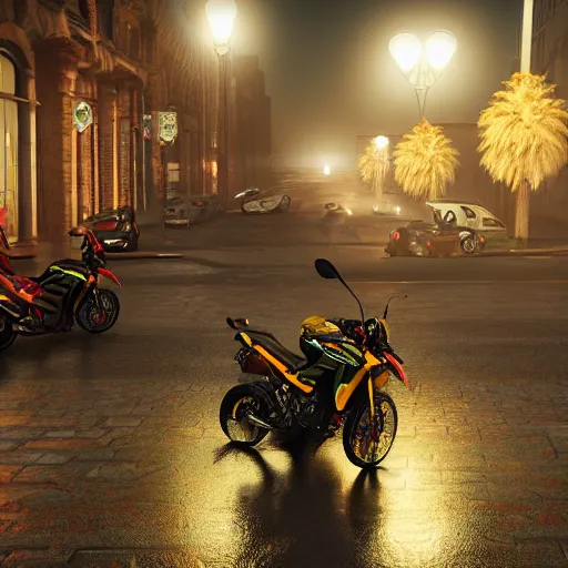 Prompt: highly detailed, photo realistic, drz 4 0 0 s at night in the rain driving on a city street, dense fog, unreal engine, by greg rutowski, by stanley artgerm, by alphonse mucha