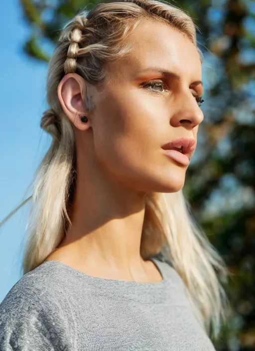 Prompt: photograph of an olive skinned blonde female model in her late twenties, her hair pinned up, wearing a designer top, looking content, focused on her neck, facing the camera, photo realistic, extreme detail skin, natural beauty, no filter, slr, golden hour, 4 k, high definition, selfie