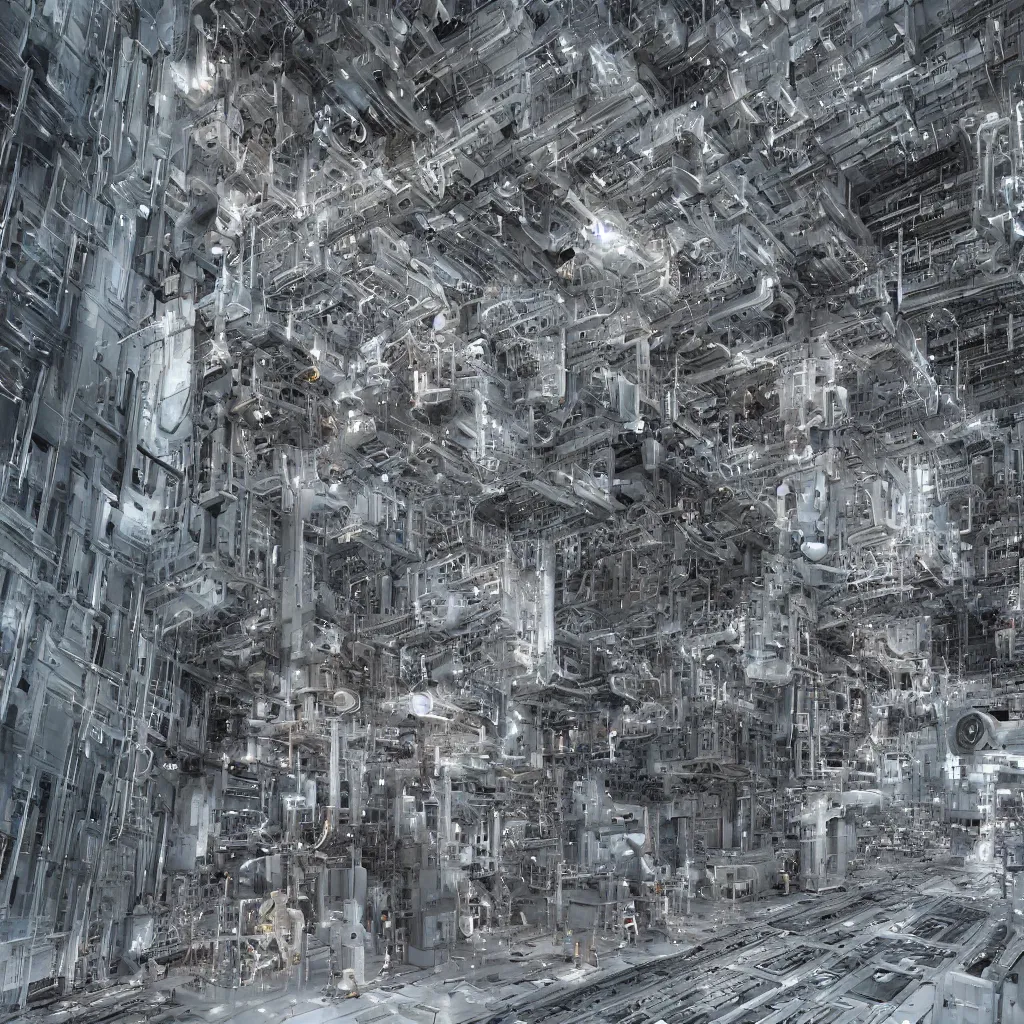 Image similar to “a cyborg human connected to a memory vault living in a simulation that is manifesting a high detailed structural temple made out of atoms, highly detailed in 4K, hyper realistic”