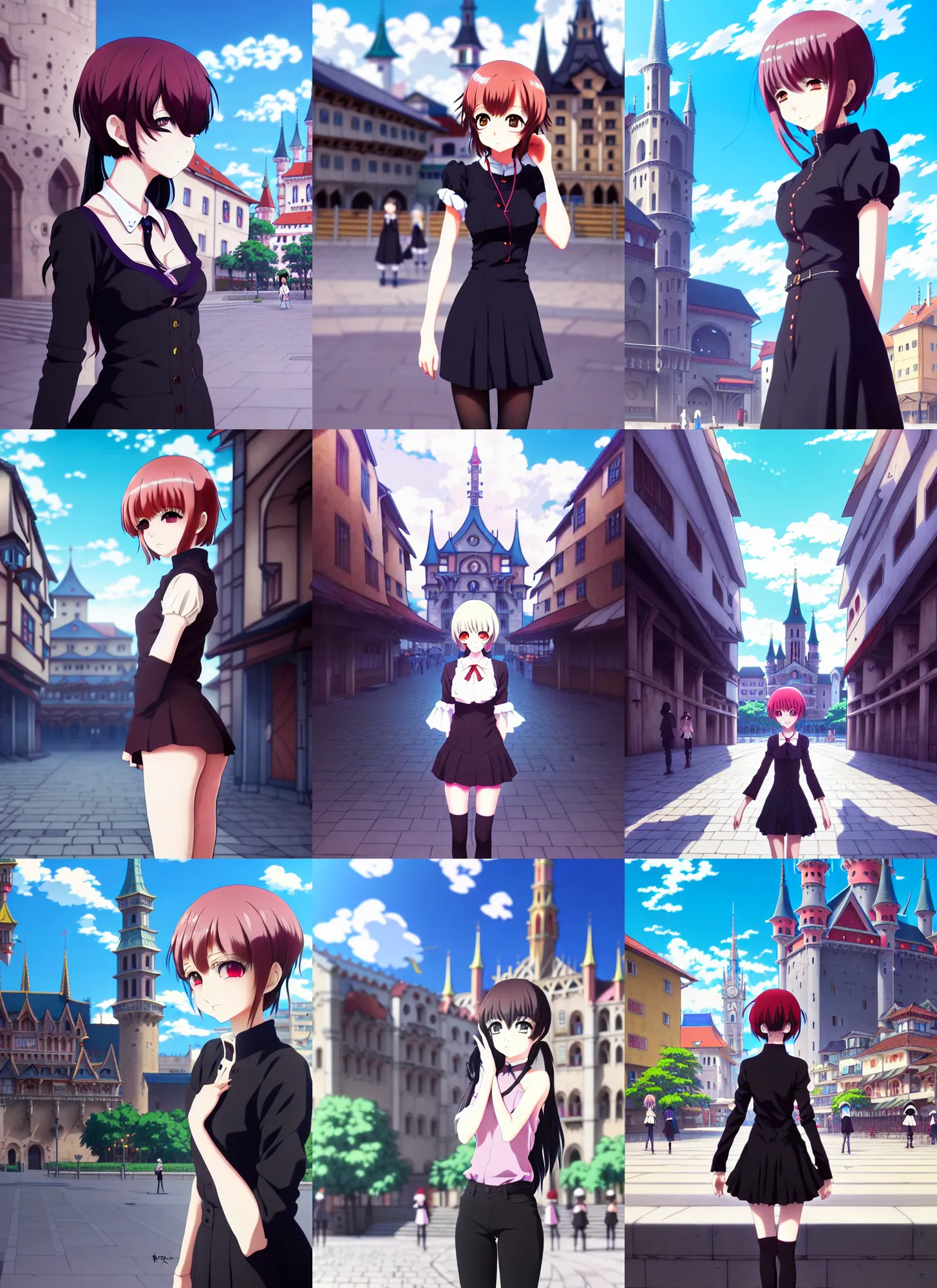 Prompt: anime frames, anime visual, full body portrait of a young woman in the medieval city square looking at the fantasy palace in the distance, cute face by ilya kuvshinov, takami akai dynamic pose, dynamic perspective, rounded eyes, moody, psycho pass, kyoani, yoh yoshinari