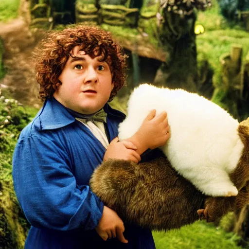 Image similar to chubby british lad as Bartook a teen hobbit with short curly dark brown hair wearing a blue vest with a white sash standing next to a giant rabbit, high resolution film still, movie by Peter Jackson