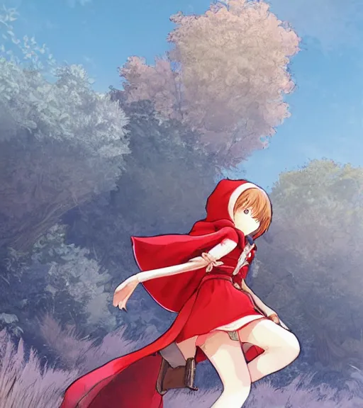 Image similar to attractive little boy character inspired in little red riding hood and venti from genshi impact, digital artwork made by akihiko yoshida and makoto shinkai