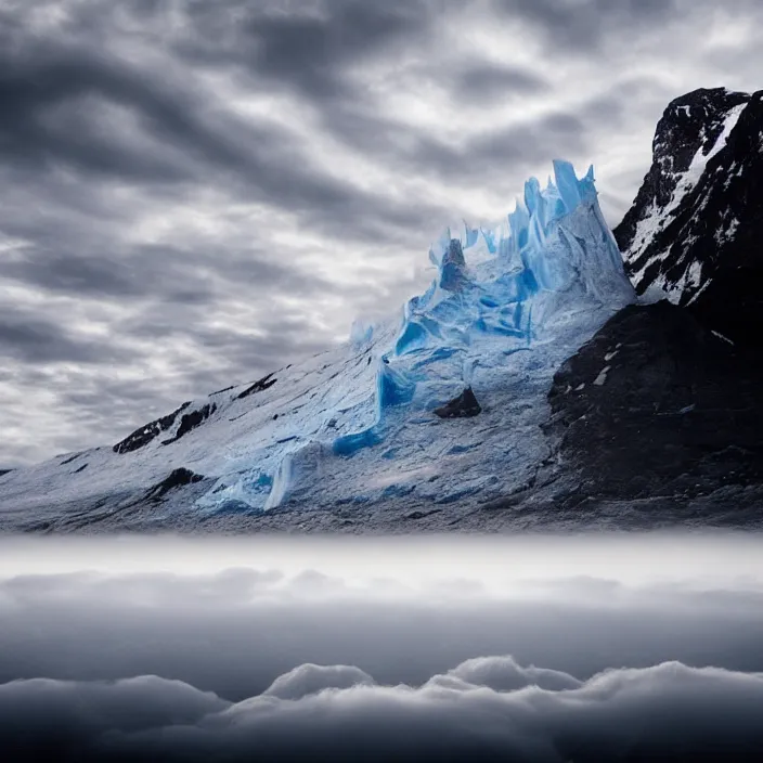 Prompt: award winning photo of floating glacier in the air surrounded by clouds and mist, mysterious, photo taken from below