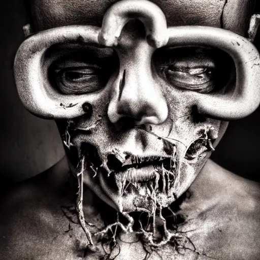 Image similar to a dark occult cyberpunk ritual of wires broken skulls skin and decay, moody, hyperrealism, 8 k photo, atmospheric