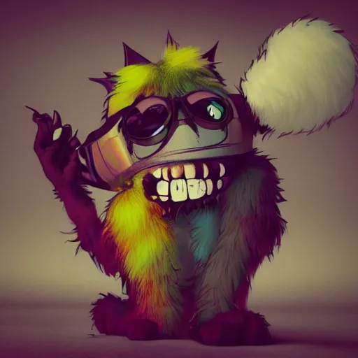 Image similar to misbehaving fuzzy monster, in the style of billelis and james jean and pedro conti and stanley kubrick, inspired by die antwoord, kawaii colors, photorealistic, epic, super technical, 3 d render