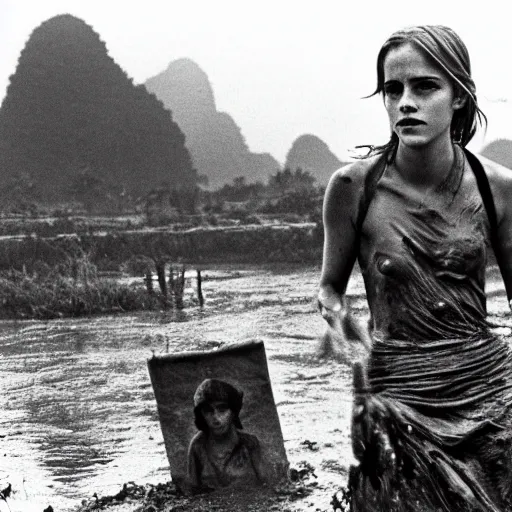 Image similar to emma watson rising out of muddy vietnam river, face covered in mud, low camera angle at water level, night time, film still from apocalypse now ( 1 9 7 9 ), 2 6 mm,