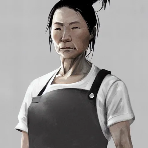 Prompt: portrait of a short muscular middle aged Japanese woman with a short ponytail wearing a gray t shirt and a work apron, dramatic lighting, illustration by Greg rutkowski, yoji shinkawa, 4k, digital art, concept art, trending on artstation