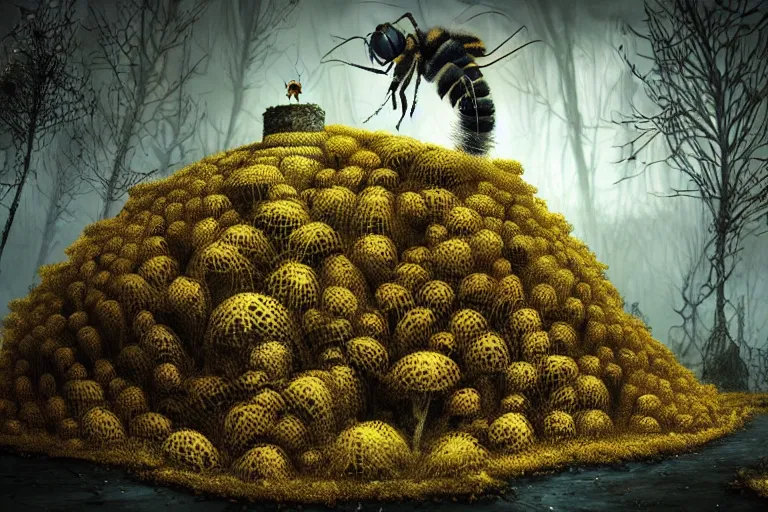 Image similar to elegance, favela bunker honeybee hive, slime mold forest environment, industrial factory, spooky, award winning art, epic dreamlike fantasy landscape, ultra realistic,
