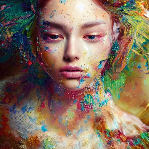Prompt: an intricate oil painting of a beautifull woman portrait surounded by hiper detailed inkdrop in water, melting colorfull wax, fluid acrilic art, colorfull, excelent composition, by yoshitaka amano, by zero akuma, by wlop, by kittichai rueangchaichan, by n i x e u, octane render