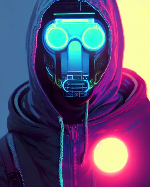 Prompt: cyberpunk synth, hyper - realistic portrait of a man in a hoodie with detailed neon mask, cyberpunk, intricate, digital painting, by atey ghailan, by greg rutkowski, by greg tocchini, by james gilleard, by joe fenton, by kaethe butcher, dynamic lighting, gradient light blue, lighting color scheme, sharp focus, grunge aesthetic