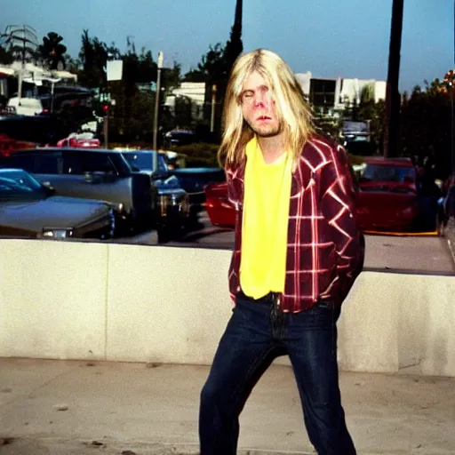 Image similar to this is me as kurt cobain, a photograph from 1 9 9 0 taken at sunset plaza, hollywood, on halloween