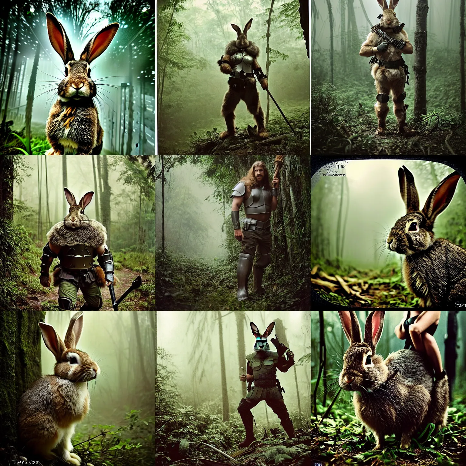 Prompt: full shot!!!!! rabbit in swat armor armored hulked oversized barbarian rugged rabbit!!!, fog, in deep jungle forest jungle, overcast!!! cinematic focus, polaroid photo, vintage, neutral colors, soft lights, overcast, foggy, full shot by steve hanks, by serov valentin, by lisa yuskavage, by andrei tarkovsky